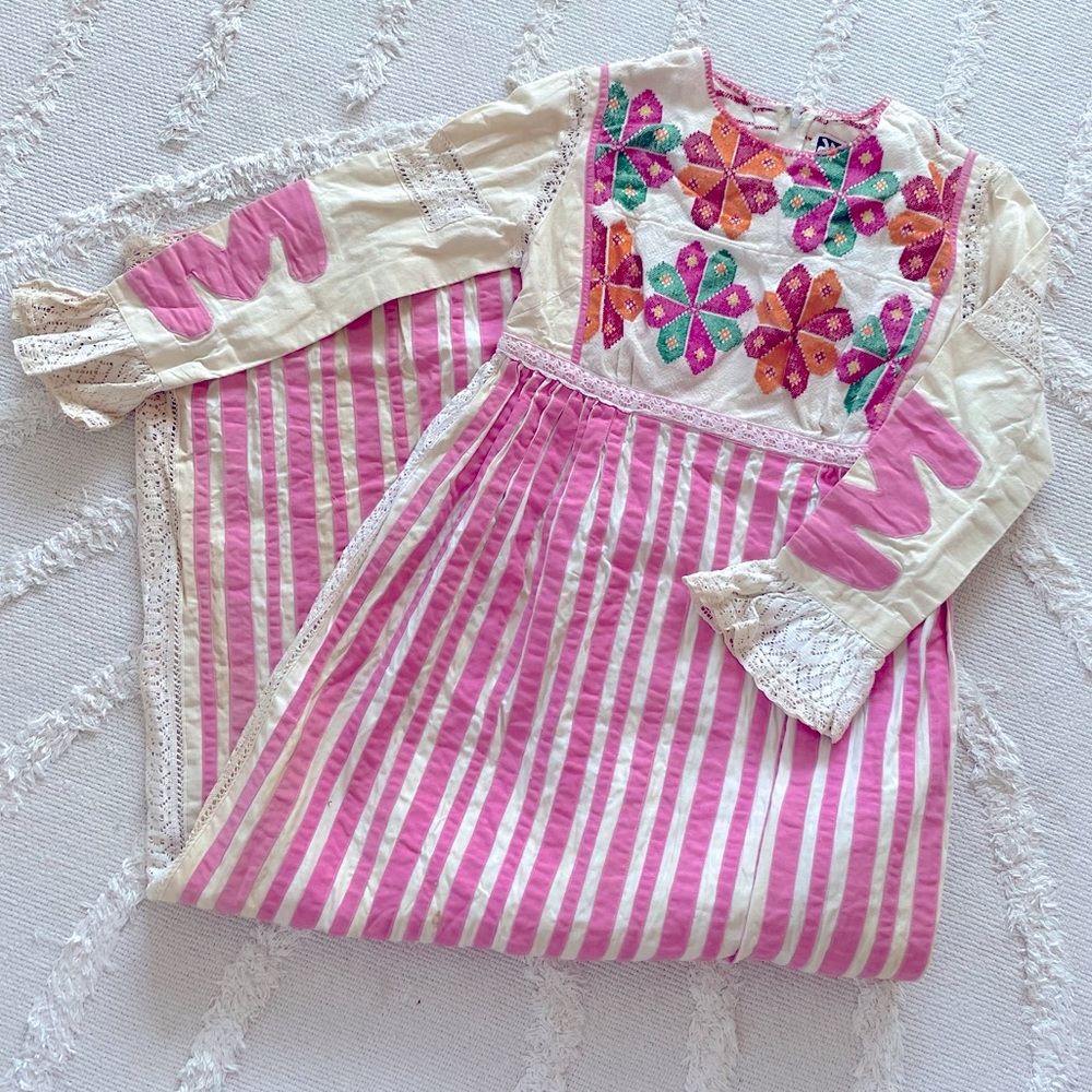 STUNNING Vintage Pink & Cream Striped Dress, A Hand Sewn Marvel, Size XS